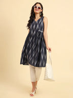 Yufta Ikat Cotton Blue Workwear Kurta With Lace Detailing