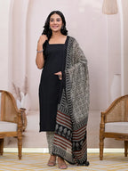 Yufta Black & Beige Pure Cotton Straight Kurta Dupatta Set
