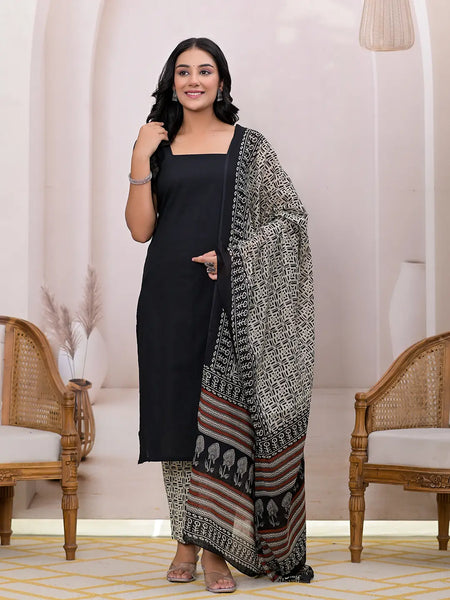 Yufta Black & Beige Pure Cotton Straight Kurta Dupatta Set