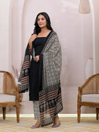 Yufta Black & Beige Pure Cotton Straight Kurta Dupatta Set
