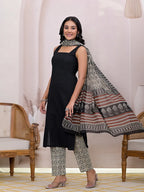 Yufta Black & Beige Pure Cotton Straight Kurta Dupatta Set