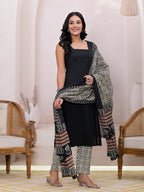 Yufta Black & Beige Pure Cotton Straight Kurta Dupatta Set