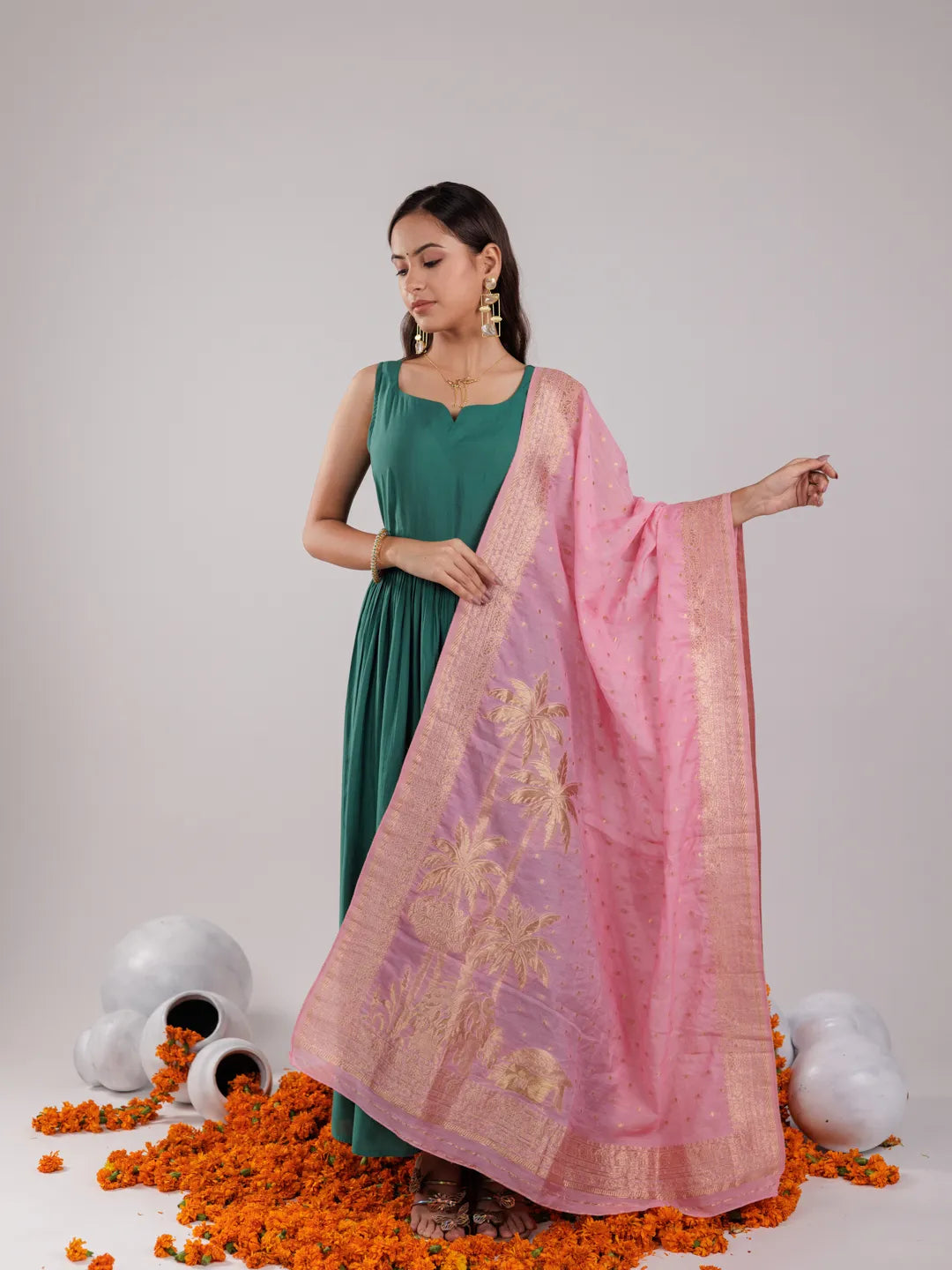 Yufta Green Solid Silk Blend Anarkali Kurta Trouser & Dupatta