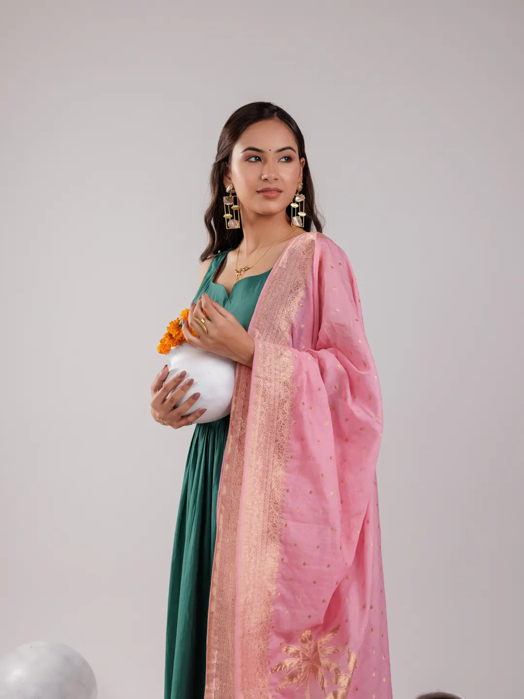 Yufta Green Solid Silk Blend Anarkali Kurta Trouser & Dupatta