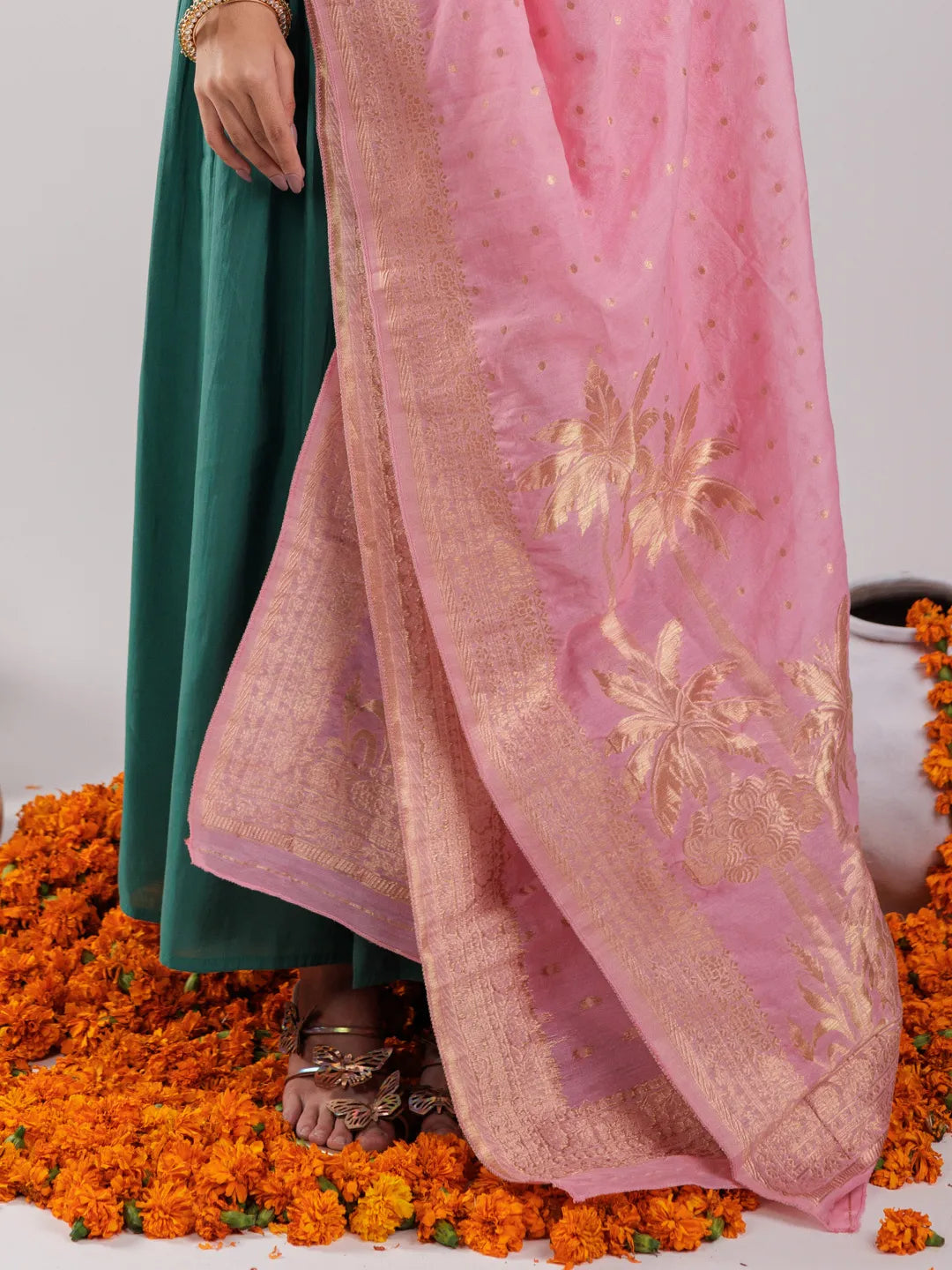 Yufta Green Solid Silk Blend Anarkali Kurta Trouser & Dupatta