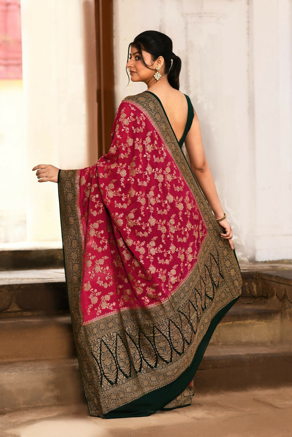 Joban Fashion Hot Pink Crepe Chiffon Pure Handloom Banarasi Silk Saree