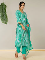 Yufta Teal Green Leheriya Print Cotton Straight Suit Set