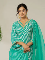 Yufta Teal Green Leheriya Print Cotton Straight Suit Set