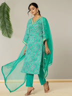 Yufta Teal Green Leheriya Print Cotton Straight Suit Set