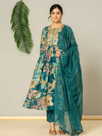 Yufta Teal Blue Floral Print Mulmul Fit And Flare Suit Set