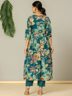Yufta Teal Blue Floral Print Mulmul Fit And Flare Suit Set