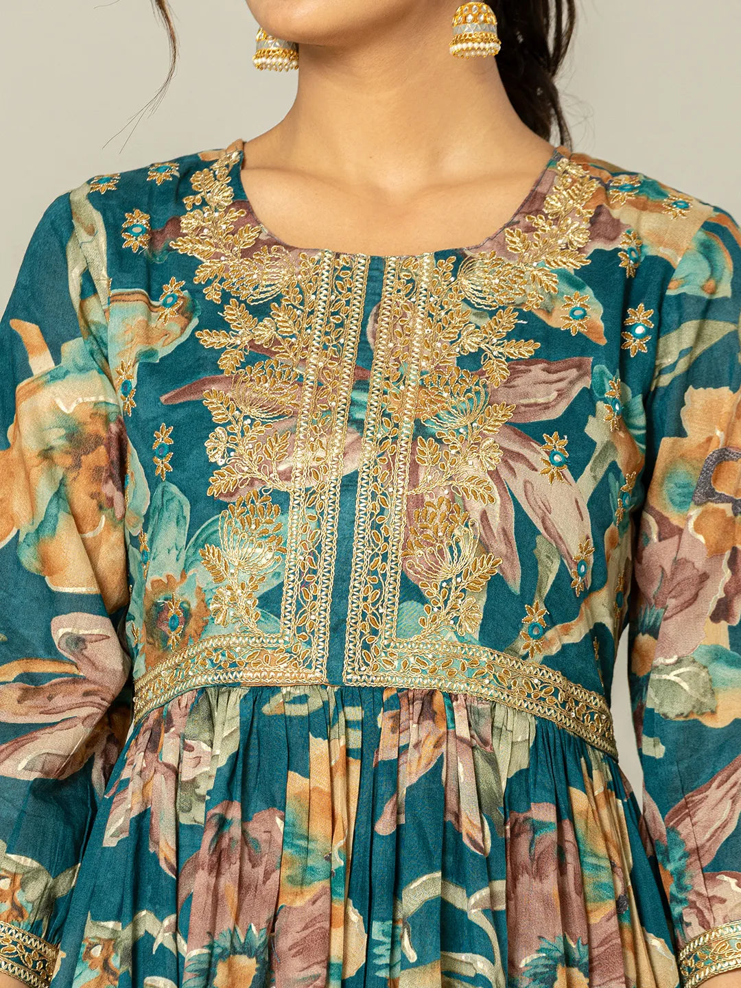 Yufta Teal Blue Floral Print Mulmul Fit And Flare Suit Set