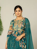 Yufta Teal Blue Floral Print Mulmul Fit And Flare Suit Set