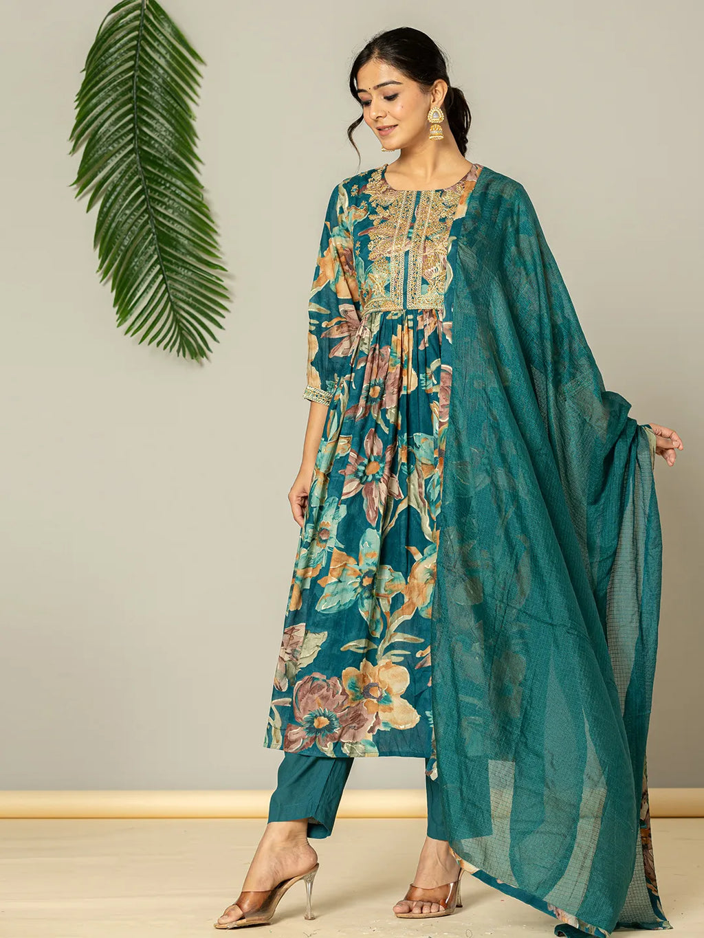 Yufta Teal Blue Floral Print Mulmul Fit And Flare Suit Set