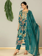 Yufta Teal Blue Floral Print Mulmul Fit And Flare Suit Set