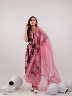 Yufta Burgundy Floral Print Cotton Fit And Flare Kurta Trouser & Dupatta Set