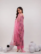Yufta Burgundy Floral Print Cotton Fit And Flare Kurta Trouser & Dupatta Set