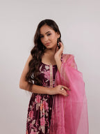 Yufta Burgundy Floral Print Cotton Fit And Flare Kurta Trouser & Dupatta Set