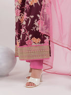 Yufta Burgundy Floral Print Cotton Fit And Flare Kurta Trouser & Dupatta Set