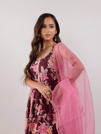 Yufta Burgundy Floral Print Cotton Fit And Flare Kurta Trouser & Dupatta Set