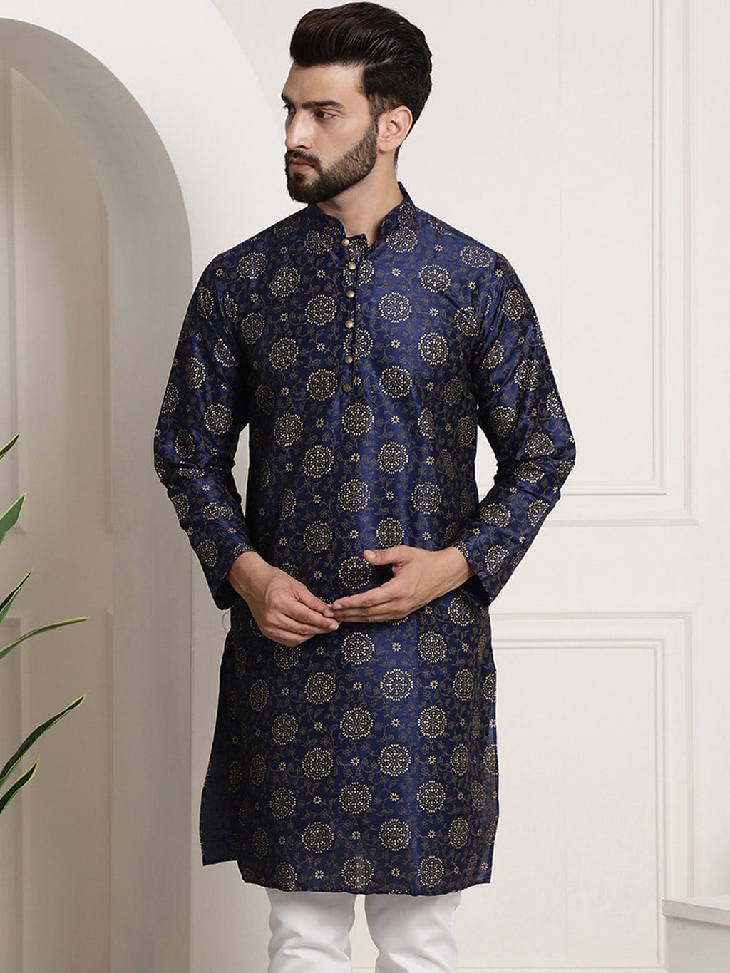 Sojanya Men Navy Blue & Golden Ethnic Motifs Printed Indigo Kurta