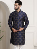 Sojanya Men Navy Blue & Golden Ethnic Motifs Printed Indigo Kurta
