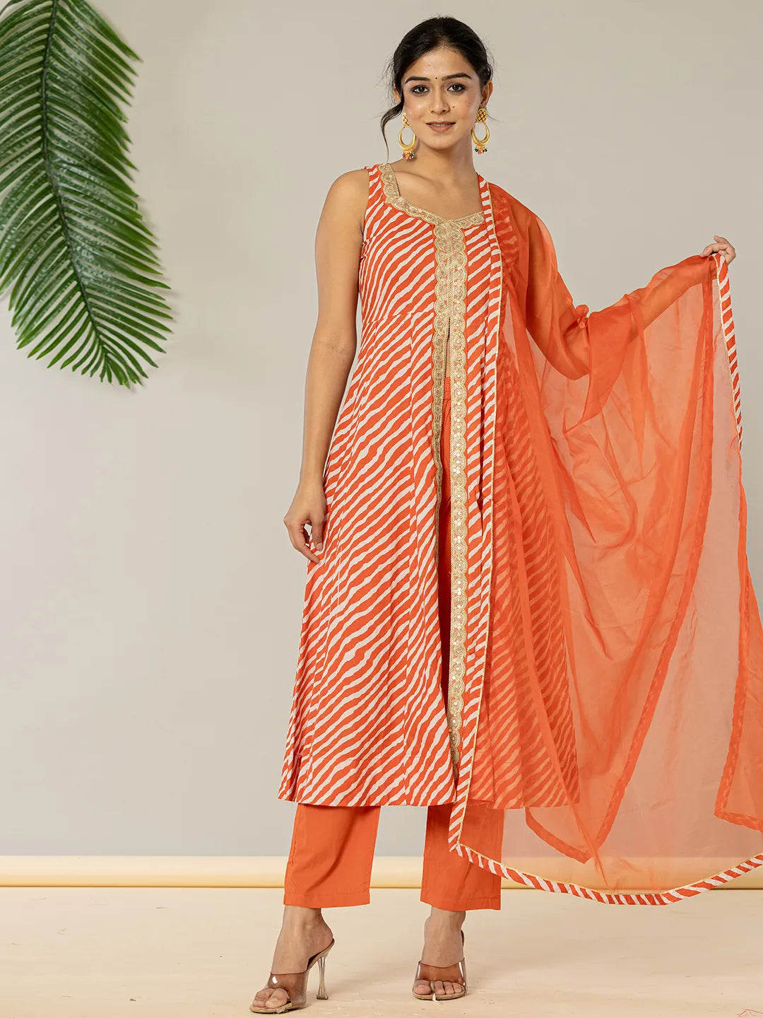 Yufta Cotton Leheriya Orange Kurta Dupatta Set