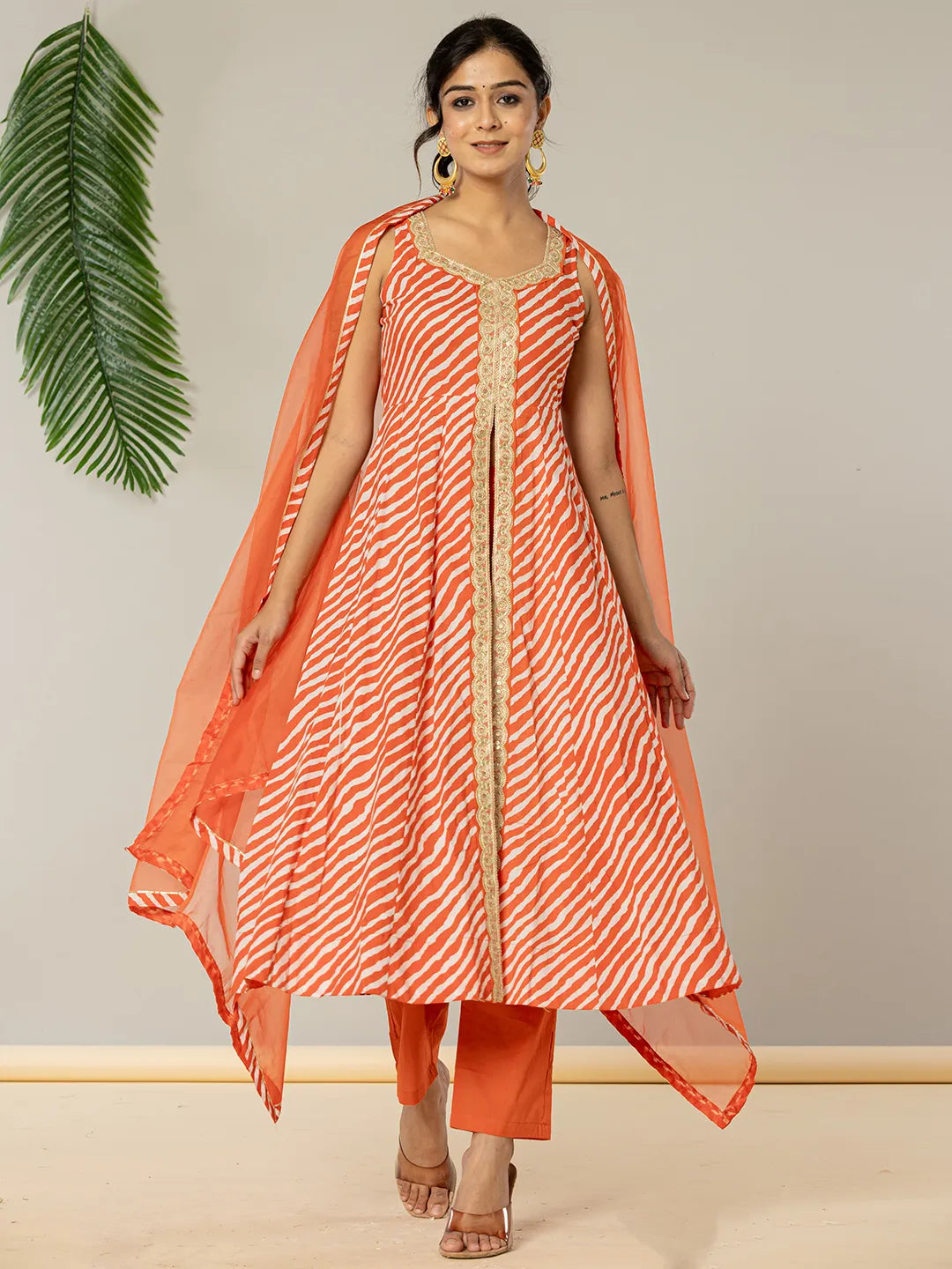 Yufta Cotton Leheriya Orange Kurta Dupatta Set
