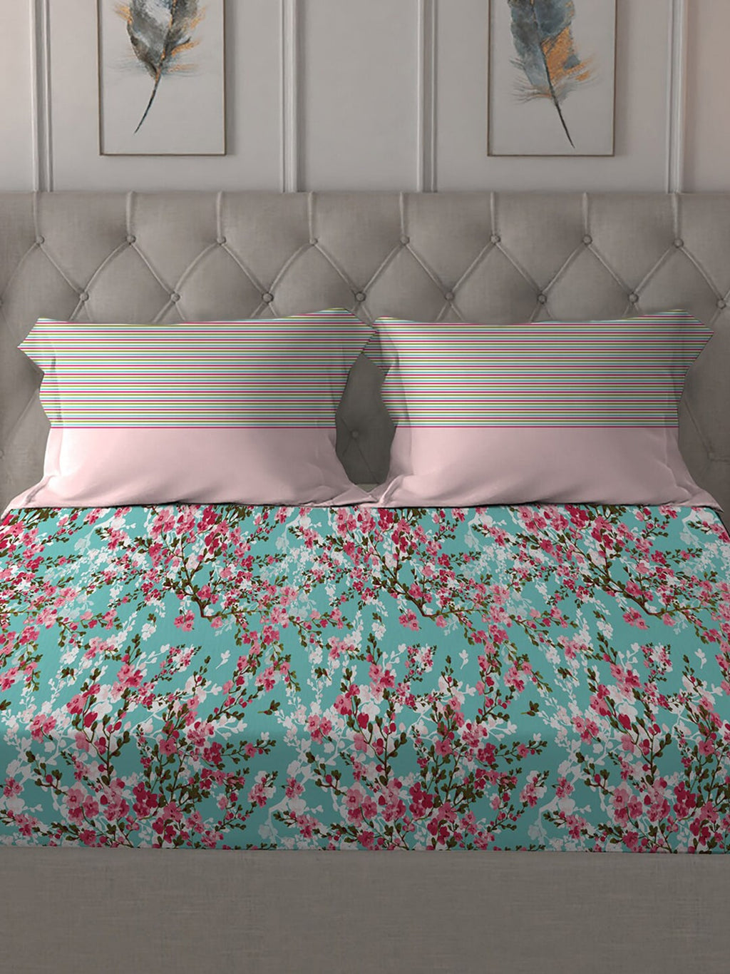 MYTRIDENT Turquoise Blue Pink Floral Pure Cotton 144 TC Queen Bedsheet 2 Pillow Covers - Distacart