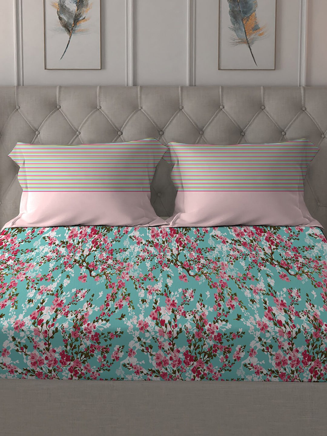 MYTRIDENT Turquoise Blue Pink Floral Pure Cotton 144 TC Queen Bedsheet 2 Pillow Covers - Distacart