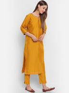 Janasya Mustard Yellow & Brown Solid Kurta with Trousers & Dupatta - Distacart
