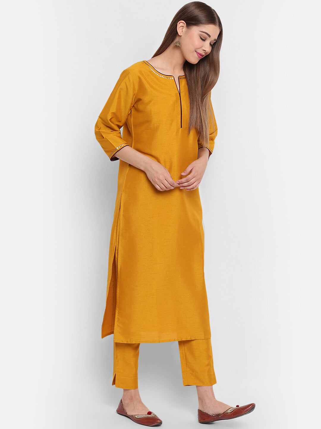 Janasya Mustard Yellow & Brown Solid Kurta with Trousers & Dupatta - Distacart