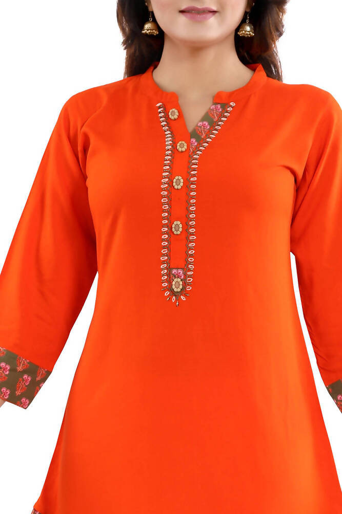 Snehal Creations Rayon Designer Embroidery Orange Tunic