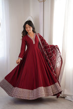 Lorenvalley Fashion Maroon Vichitra Silk with Full Kali Pattern Embroidery work Anarkali Gown with Dupatta - Distacart