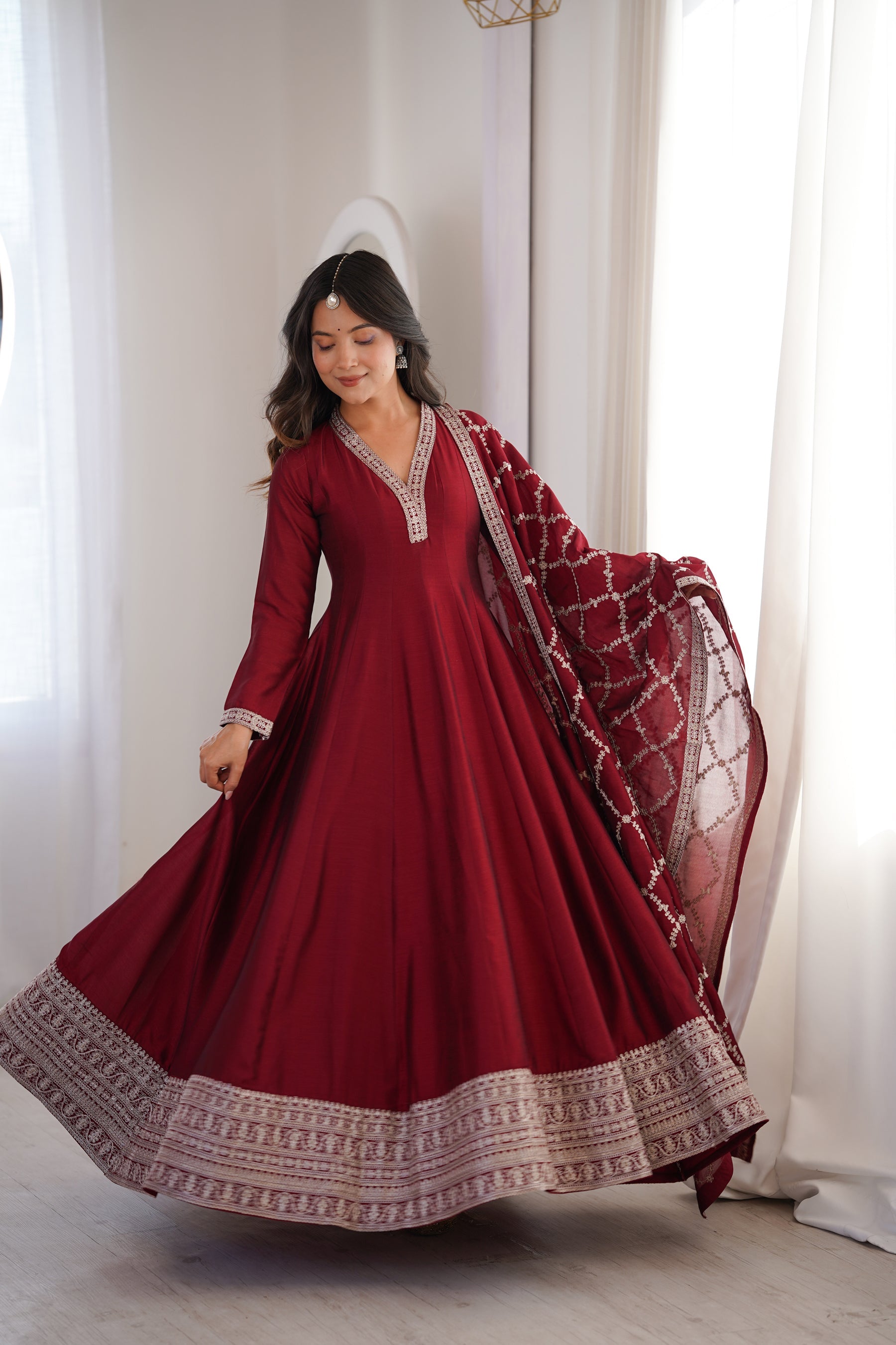Lorenvalley Fashion Maroon Vichitra Silk with Full Kali Pattern Embroidery work Anarkali Gown with Dupatta - Distacart