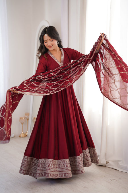 Lorenvalley Fashion Maroon Vichitra Silk with Full Kali Pattern Embroidery work Anarkali Gown with Dupatta