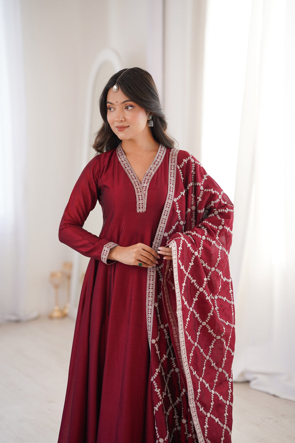Lorenvalley Fashion Maroon Vichitra Silk with Full Kali Pattern Embroidery work Anarkali Gown with Dupatta - Distacart