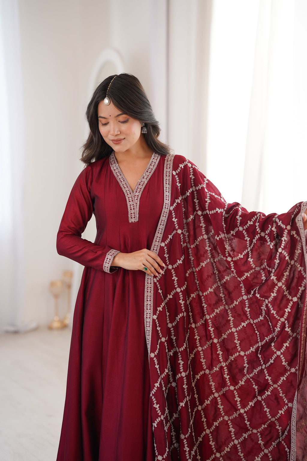 Lorenvalley Fashion Maroon Vichitra Silk with Full Kali Pattern Embroidery work Anarkali Gown with Dupatta - Distacart