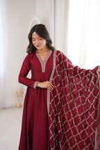 Lorenvalley Fashion Maroon Vichitra Silk with Full Kali Pattern Embroidery work Anarkali Gown with Dupatta - Distacart