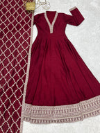 Lorenvalley Fashion Maroon Vichitra Silk with Full Kali Pattern Embroidery work Anarkali Gown with Dupatta - Distacart