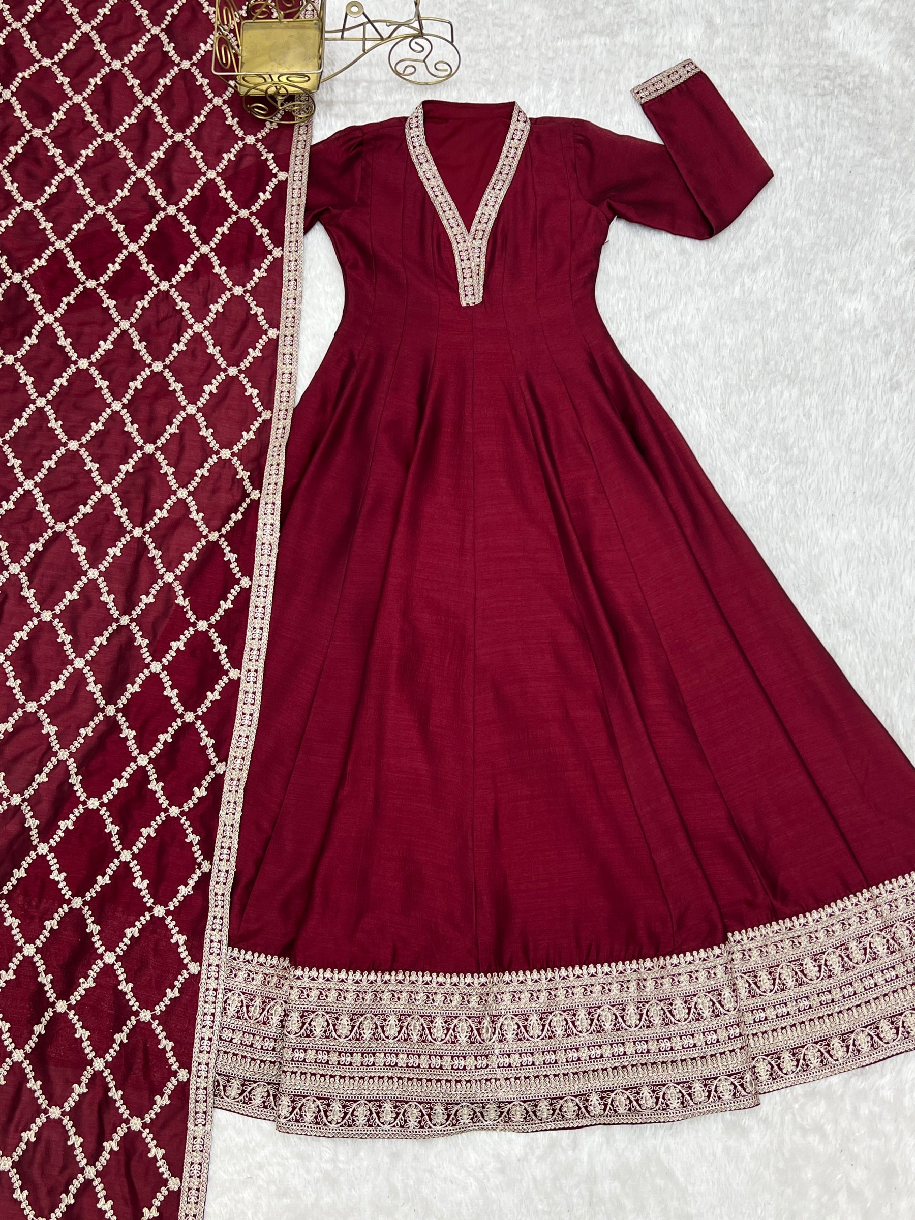 Lorenvalley Fashion Maroon Vichitra Silk with Full Kali Pattern Embroidery work Anarkali Gown with Dupatta - Distacart
