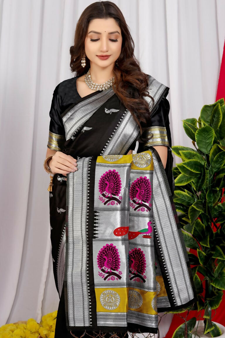 Jyoti Fashion Women's Black Paithani Silk Zari Woven Saree with Blouse