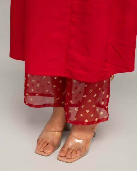 FIORRA Women's Red Creap A-Line Kurta Palazzo Set With Dupatta