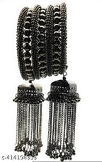 Tehzeeb Creations Women's Black Oxidised Spiral Bangle With Jhumki Style - Distacart