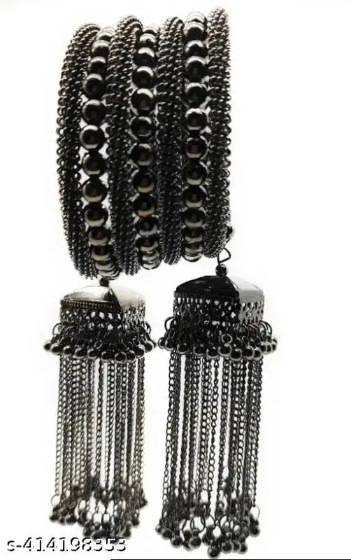 Tehzeeb Creations Women's Black Oxidised Spiral Bangle With Jhumki Style - Distacart