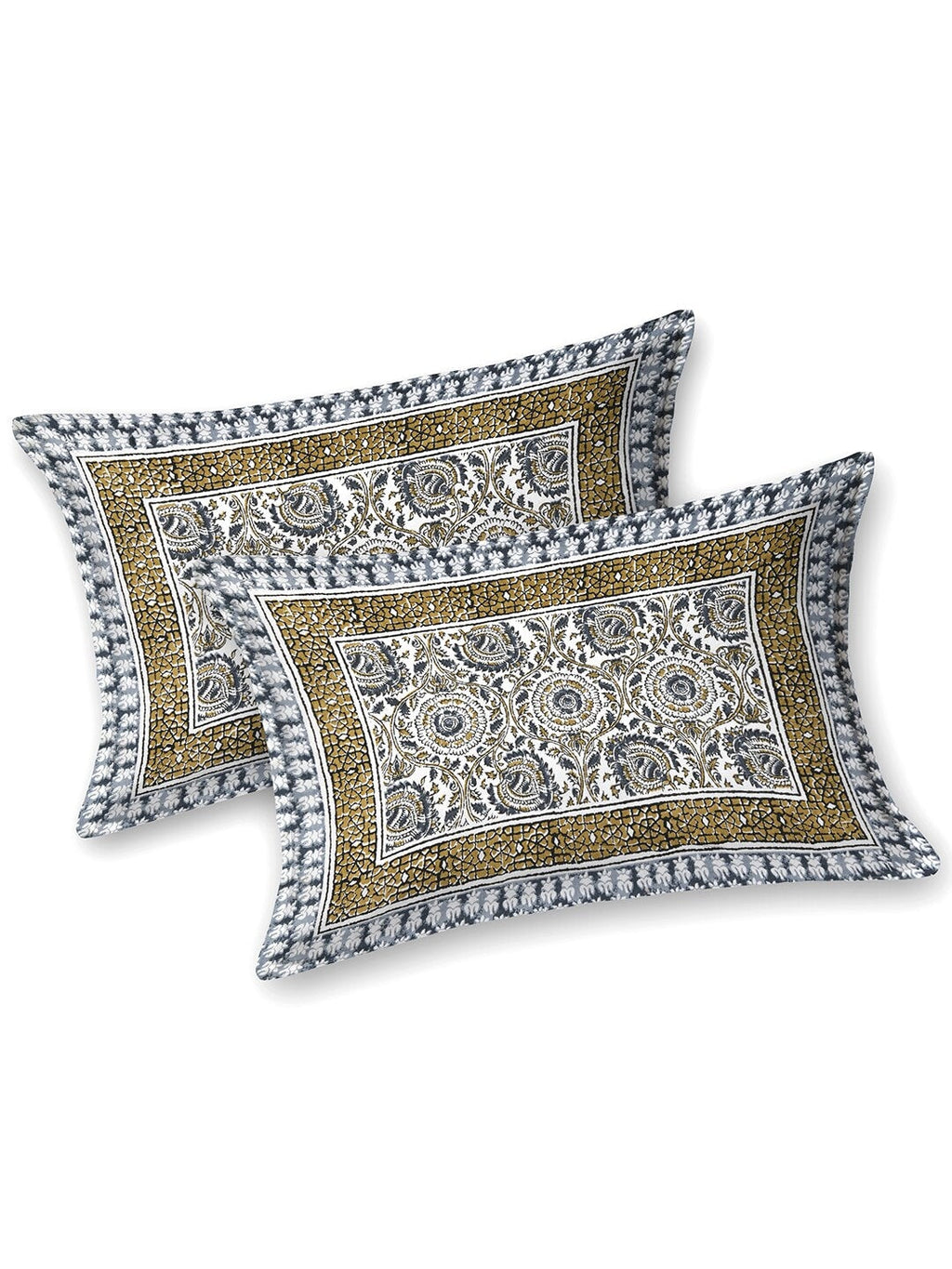 BELLA CASA Ethic White & Blue Printed Cotton 180 TC King Bedsheet with 2 Pillow Covers - Distacart