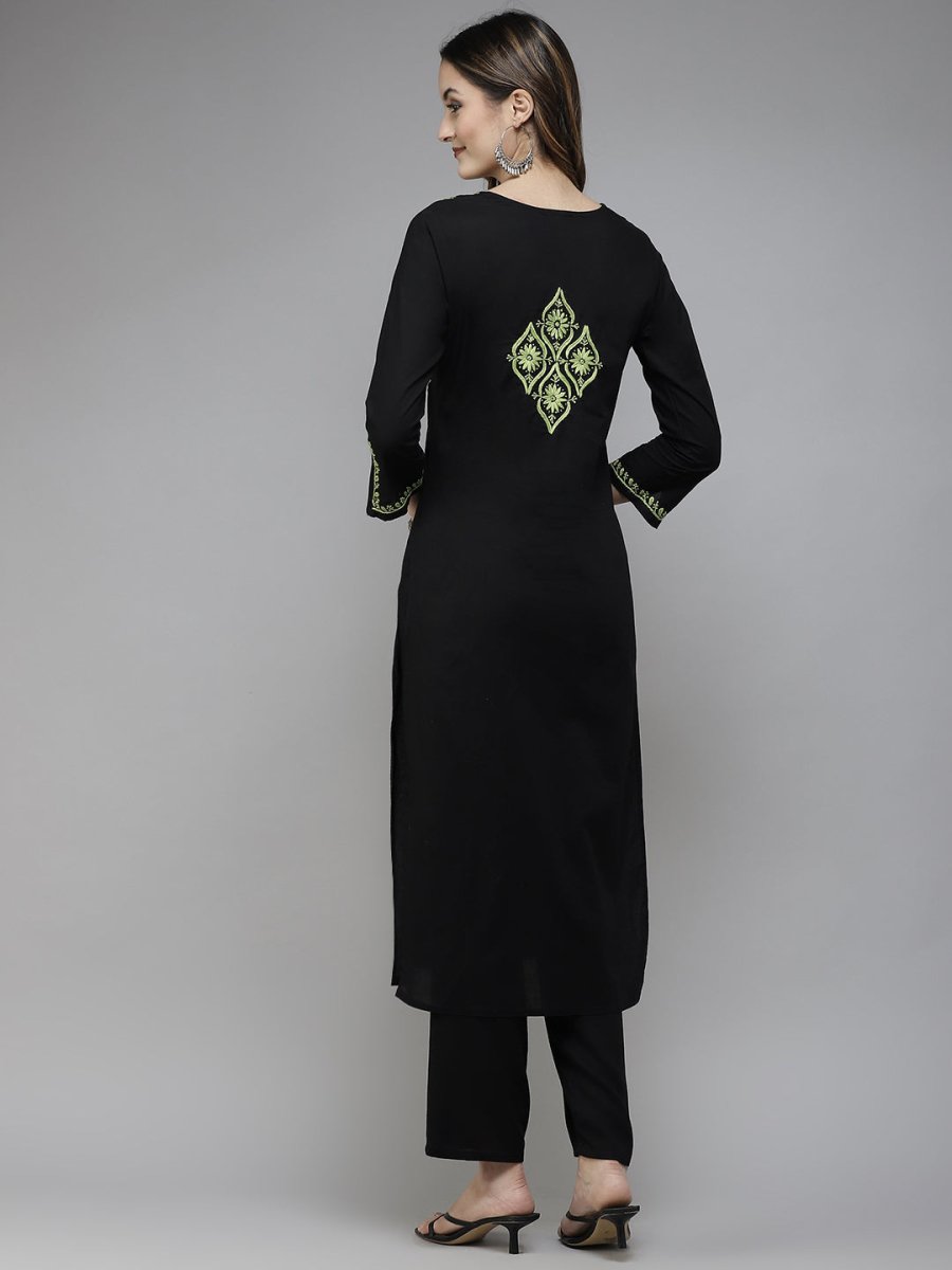 ADA Women Black & Green Ethnic Motifs Embroidered Chikankari Handloom Handloom Kurta
