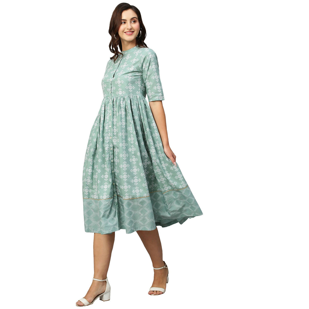 Green & Off-White Ethnic Motifs Printed Cotton A-Line Dress - Poonam - Distacart