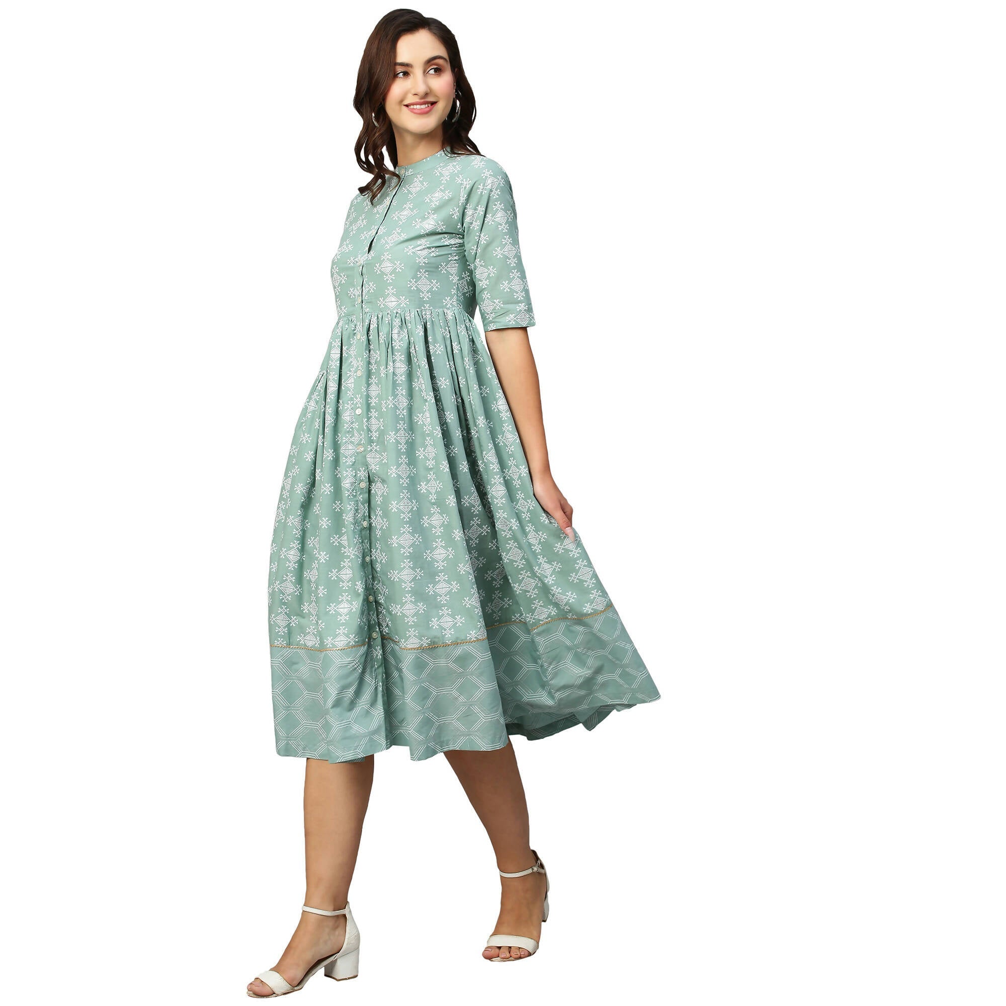 Green & Off-White Ethnic Motifs Printed Cotton A-Line Dress - Poonam - Distacart