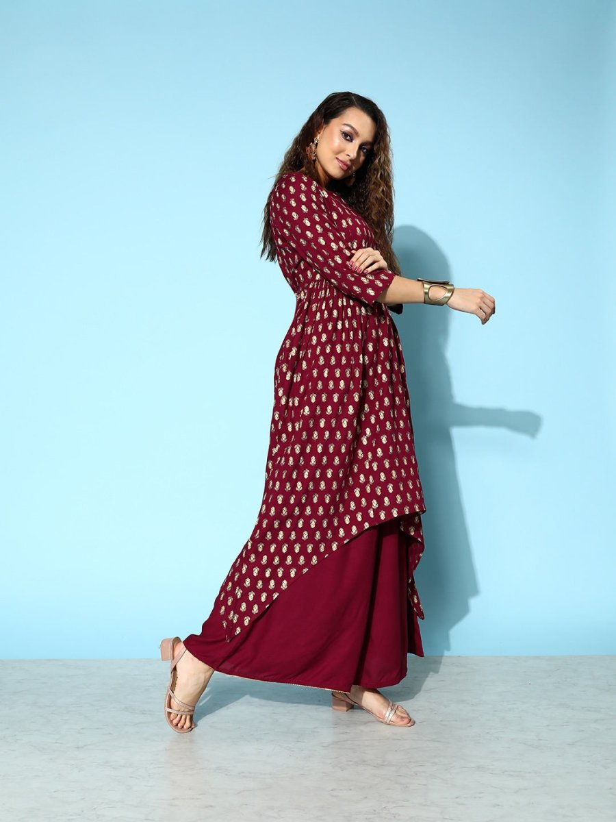 All About You Carmine Maroon Printed A-Line Veere Di Wedding Kurta with Palazzos